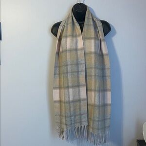 Phenix Light Plaid 100% Cashmere Scarf with Fringe Ends Tan Pink Gray